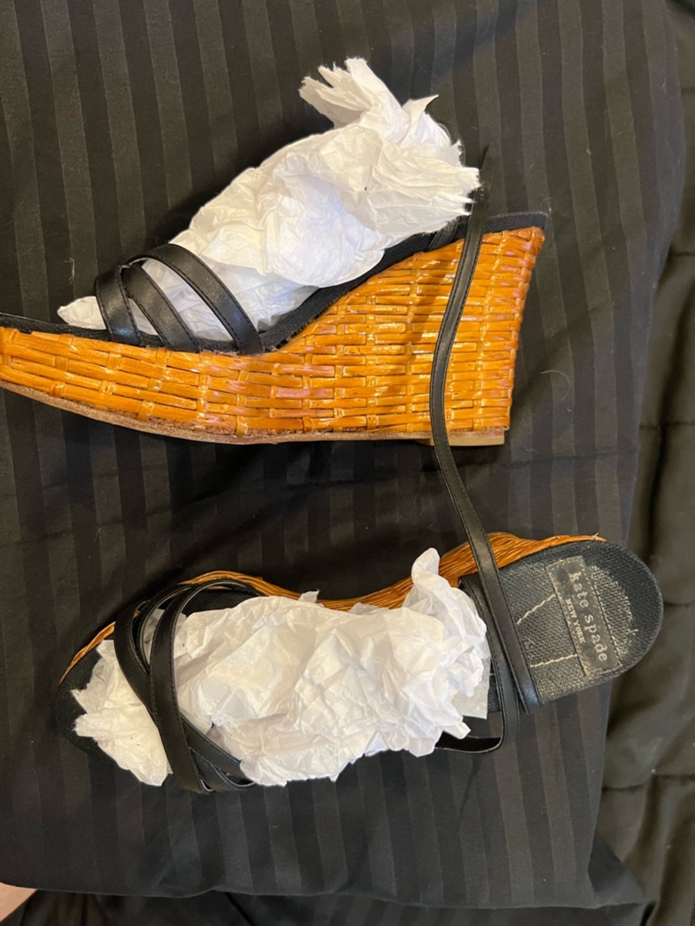 kate spade Black Leather Strappy Wedge Sandals with Woven Tan Wicker Platform